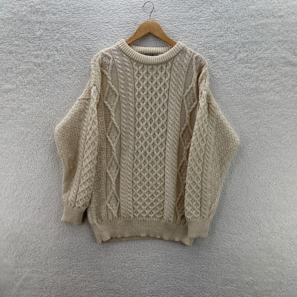 Aran Sweater Market Sweater Mens L Cream Cable Knit Wool Made in Ireland Cabin
